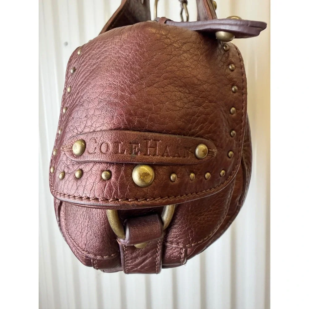 Cole Haan Village Satchel Womens Large Bronze Metallic Leather Good Studded Boho